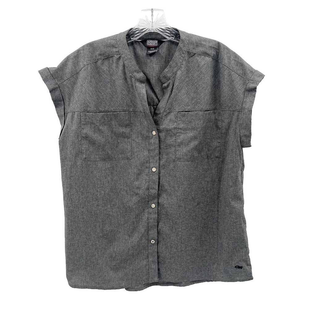OUTDOOR RESEARCH Women's M Gray Button-Up Band-Collar Christie Cap Sleeve Shirt